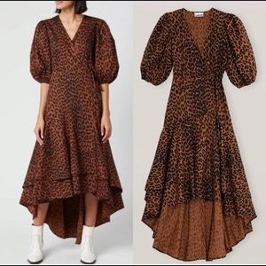 Ganni Tie Leopard-Print High-Low Dress